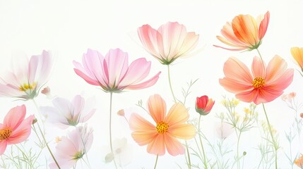 Obraz premium Watercolor Illustration set of Pink cosmos flowers on a white background,spring summer nature,Vibrant pink cosmos blooming,Children's card,banner,raindrops drawn by hand.