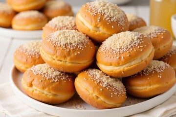 Fototapeta premium Deliciously Fluffy Doughnuts with Cream Filling and Sprinkled Sugar Topping Served on a White Plate with More Treats in the Background