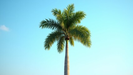 A short palm tree stands tall against a clear blue sky, showcasing its lush green fronds.