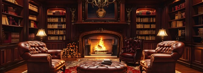 A classic Victorian reading room with tufted leather chairs, a grand fireplace, and ornate bookcases on an isolate background
