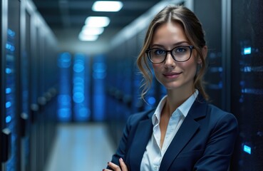 Confident female pro wearing glasses stands in data center. Woman administrator poses near server hardware, racks. Blue light, tech symbolize information technology, cyberspace security, digital
