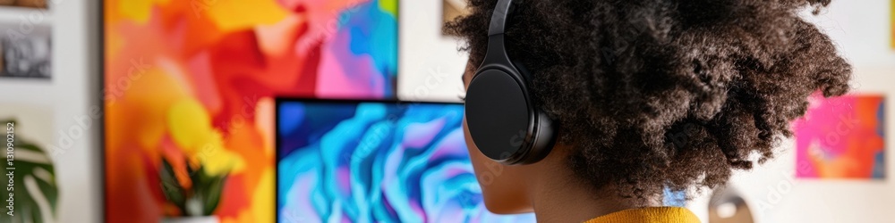 Leinwandbilder ergonomic digital nomad curly-haired professional navigating hybrid workspace with noise-canceling h