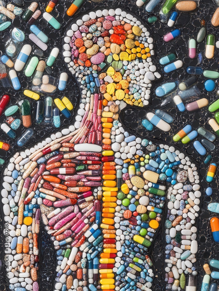 Poster intricate mosaic of colorful pills creates a human silhouette using artistic arrangement and a golde