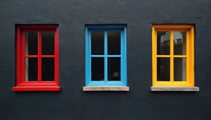 Three colorful framed windows on black wall. Red, blue, yellow window frames provide vibrant contrast against dark facade. Creative architectural design simple geometric shapes pattern. Building