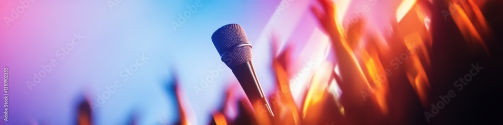 Poster Retro Analog Sound Experience Vintage Microphone Illuminated on Stage with Dynamic Concert Lighting - Immersive Musical Performance and Creative Expression