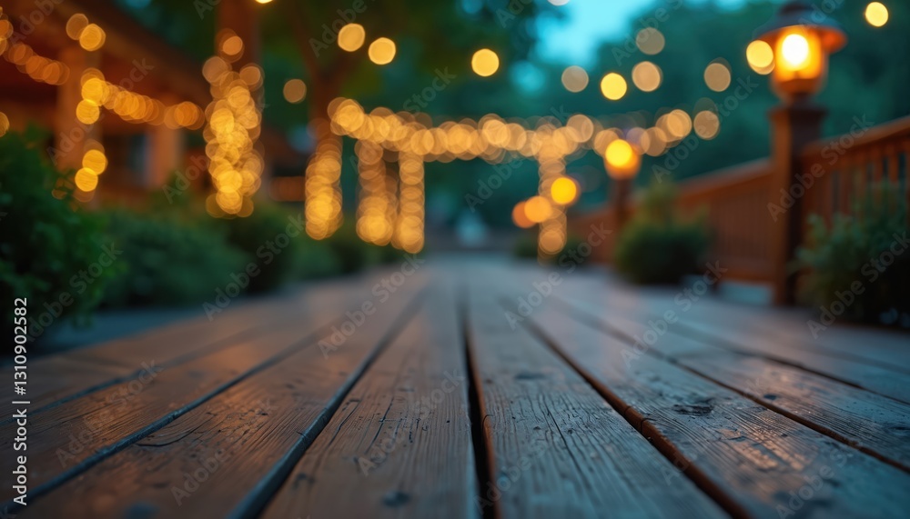 Poster empty wooden floor terrace with abstract night light bokeh in garden. blurred background with copy s