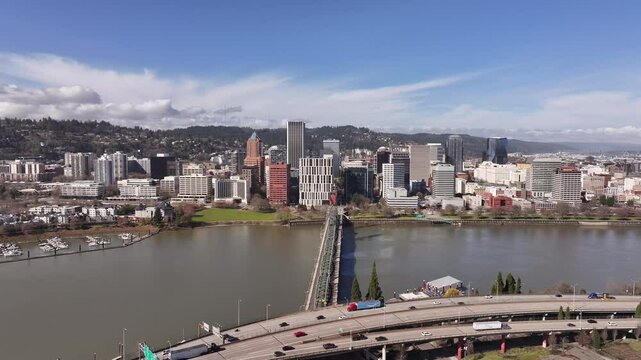 Beautiful Sunny Downtown Portland Oregon and the Willamette River from the East Side and Burnside Bridge
