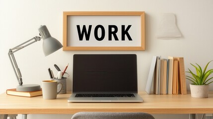 Fototapeta premium Modern Workspace with Laptop, Lamp, Books, and Work Sign