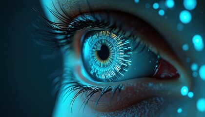Close-up of digital eye with futuristic interface. Tech vision concept for artificial intelligence, data analytics, biometric identification. Perfect for hi-tech, cybernetic, bionic themes, machine