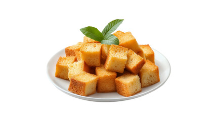 Golden croutons on a white plate garnished with green leaves