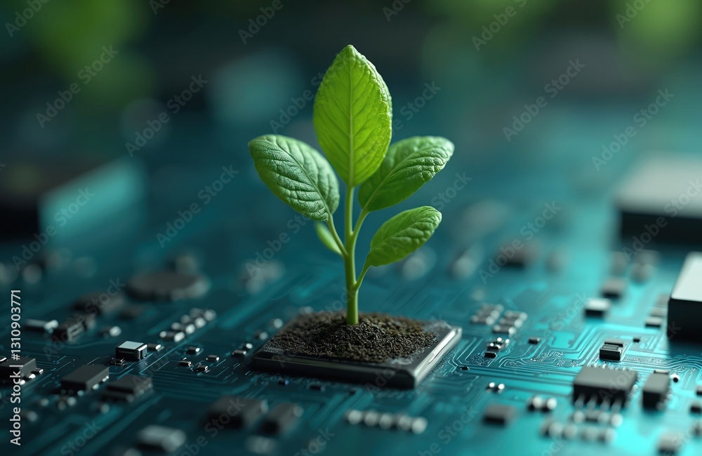 Poster green plant grows on tech circuit board. environment conservation with growth in technology as ecolo