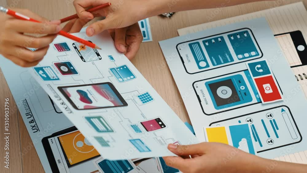 Wall mural top view panorama video of startup company employee planning on user interface prototype for mobile 