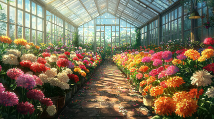Lush greenhouse filled with a stunning variety of blooming flowers showcasing vibrant colors in abundance