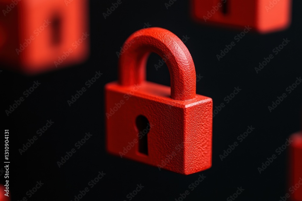 Poster Minimalist Cybersecurity Visualization Bold Red Digital Lock Icon Symbolizing Advanced Data Protection and Modern Enterprise Risk Management Solutions