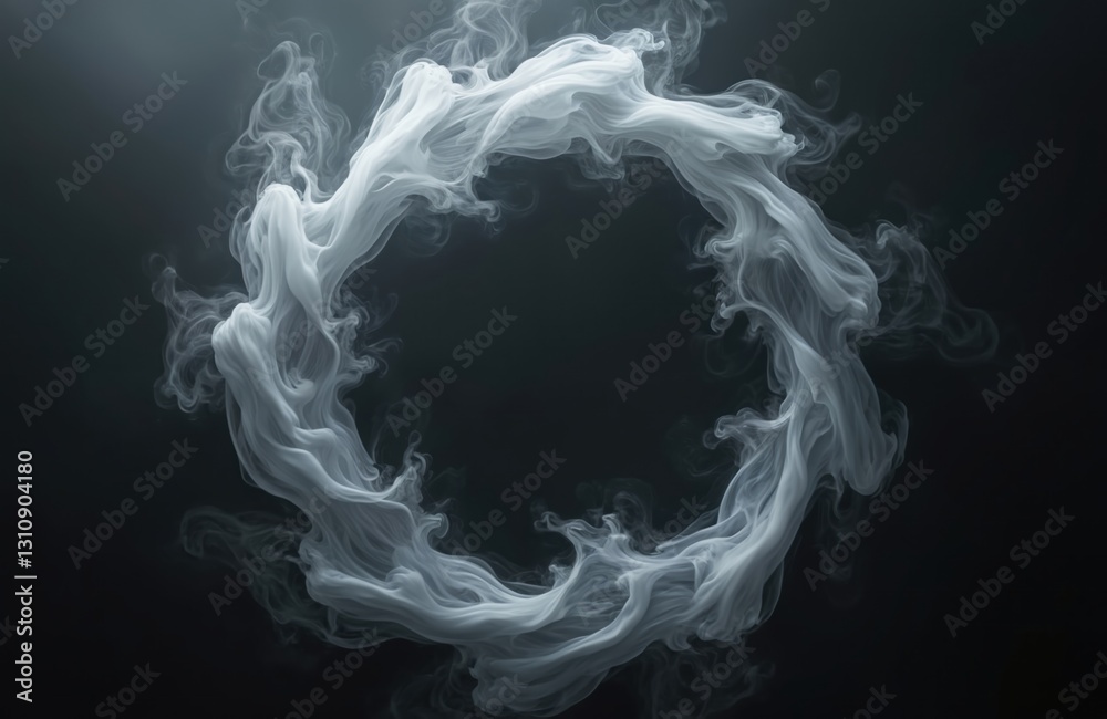 Aufkleber Swirling pattern of smoke forms abstract spiral shape on dark background. White fog, mist waves motion effect, smooth shape. For product background, creative design concepts.