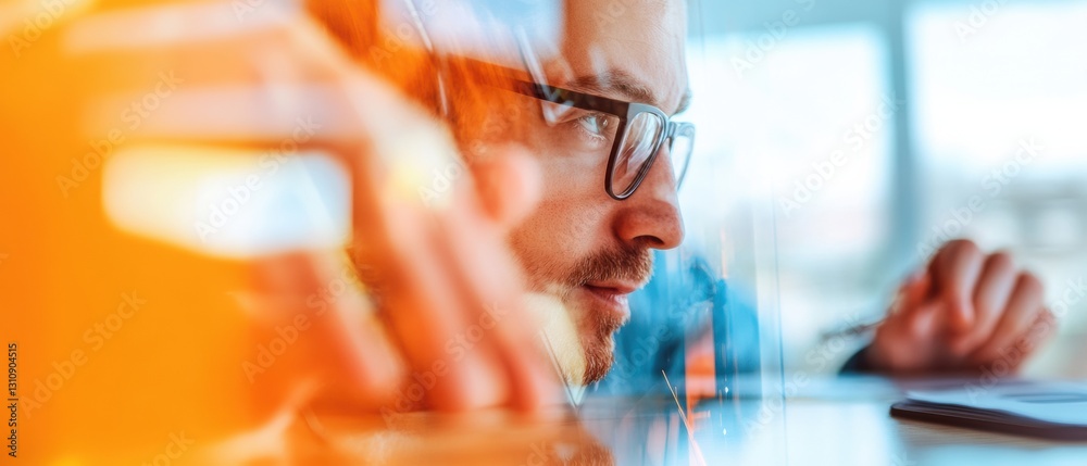 Leinwandbilder hybrid workspace dynamics blurred motion professional in contemporary glass office exploring digital