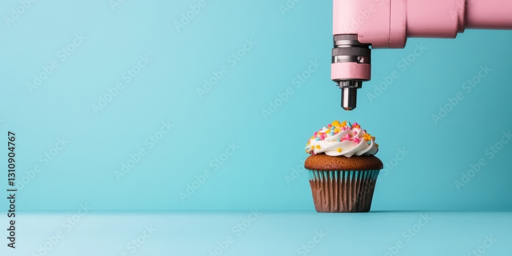 Poster next-gen culinary robotics precision robotic arm decorating vibrant cupcake - innovative food tech s