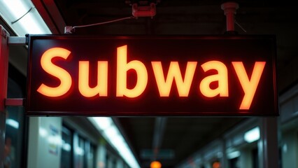 Illuminated subway sign in a station.