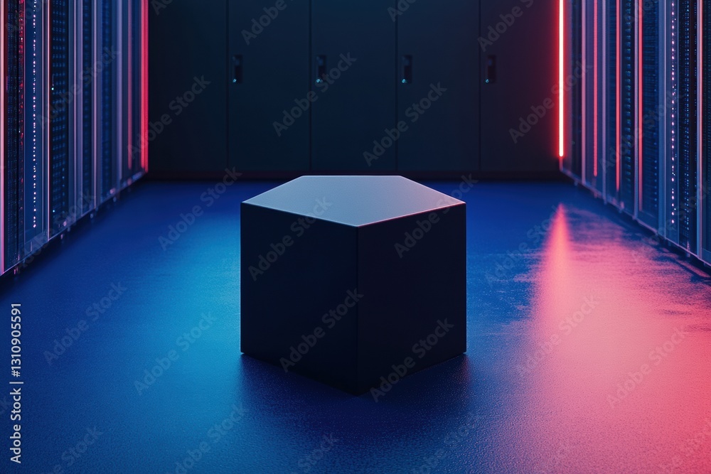 Poster Cyberpunk Data Innovation Geometric Hexagonal Podium in Futuristic Tech Corridor - Next-Gen Enterprise Digital Infrastructure Visualization