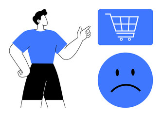 Person gestures toward shopping cart icon paired with sad face, conveying frustration or dissatisfaction. Ideal for online shopping, e-commerce issues, consumer criticism, service review, feedback
