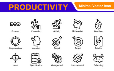 Productivity and Efficiency Icons Collection. Vector Icons for Task Management, Time Optimization, Work Process, and Goal Achievement