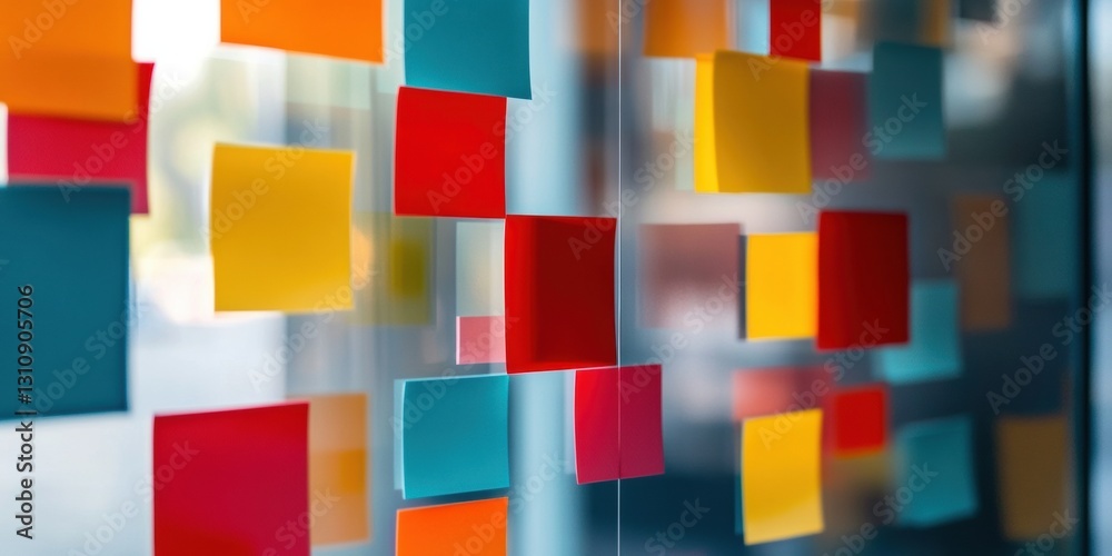 Poster Dynamic Design Innovation Vibrant Multicolor Sticky Note Grid - Modern Creative Workspace Visualization for Strategic Brainstorming and Collaborative Ideation