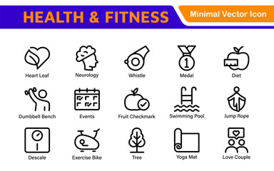 Fototapeta premium Health and Fitness Icon Set. Vector Icons for Exercise, Wellness, Nutrition, Gym, Yoga, and Healthy Lifestyle