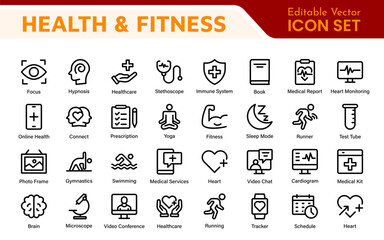 Health and Fitness Icon Set. Vector Icons for Exercise, Wellness, Nutrition, Gym, Yoga, and Healthy Lifestyle