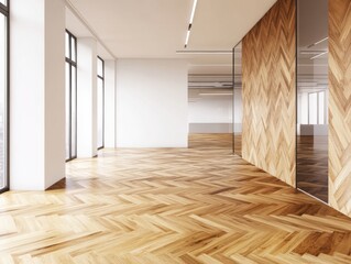 Obraz premium Transparent Workspace Evolution Minimal Modern Law Office Design with Herringbone Wood, Glass Partitions and Natural Illumination - Professional Environment Reimagined