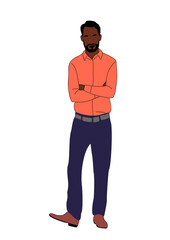 Modern black business man standing in confident pose. Stylish african american, latin guy in smart casual office outfit. Vector simple outline colorful illustration Isolated 