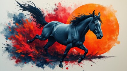 A dynamic tattoo business card design featuring a powerful black horse running with a vibrant orange and red abstract background.