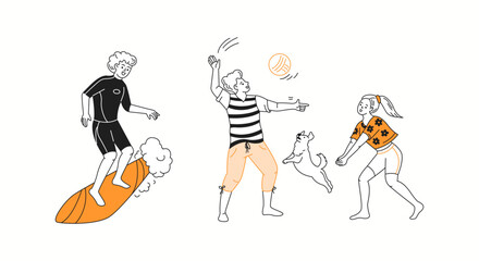 A collection of joyful summer scenes featuring people swimming, playing, and relaxing, showcasing the best moments of summer fun in a doodle-style composition.