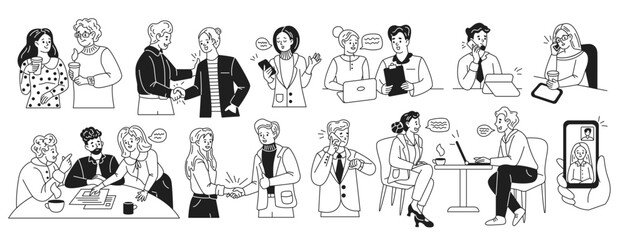 Business people engaging in activities linear icons collection. Showing diverse workplace interactions doodle characters set on white background