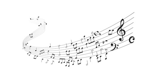 Illustration shows elegant musical notes on beautifully curved staff lines creating a sense of rhythm and harmony on a plain background.