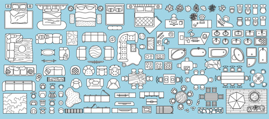 Vector illustration of furniture top view set including beds sofas tables chairs sinks bathtubs plants and decor elements. Ideal for interior designers and architectural planning.
