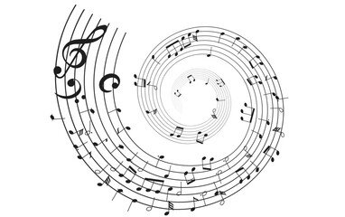 Illustration features a spiral of musical notes arranged in a creative pattern symbolizing rhythmic movement in music a dynamic swirling design.