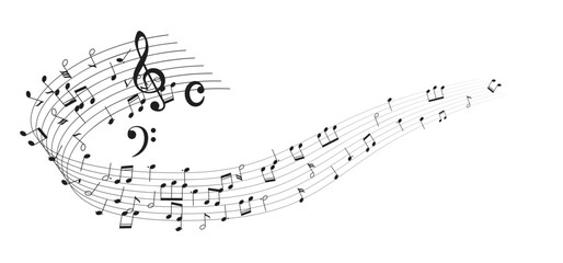 Illustration of dynamic musical notes and symbols gracefully flowing across a staff in a wavelike pattern. Representation of harmony and rhythm.