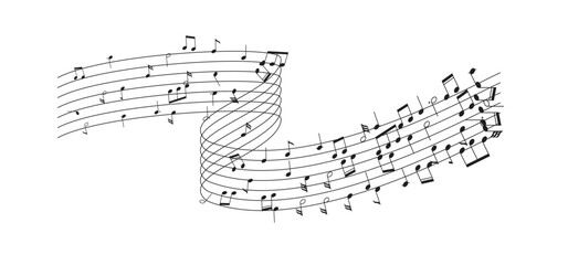Illustration of a swirling musical staff with notes creating a dynamic sense of movement and rhythm symbolizing energy and flow in musical composition.