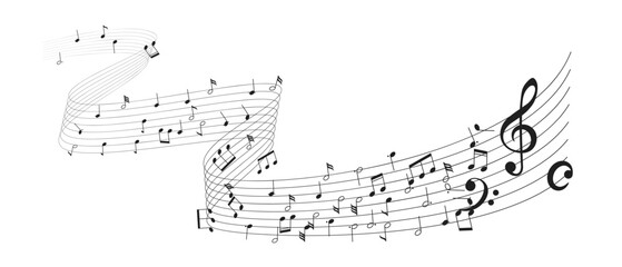 Illustration of flowing musical notes on curved staff lines. Diverse symbols and notes create a dynamic representation of melody and harmony.