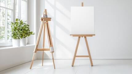 Empty canvas on easel in bright room.