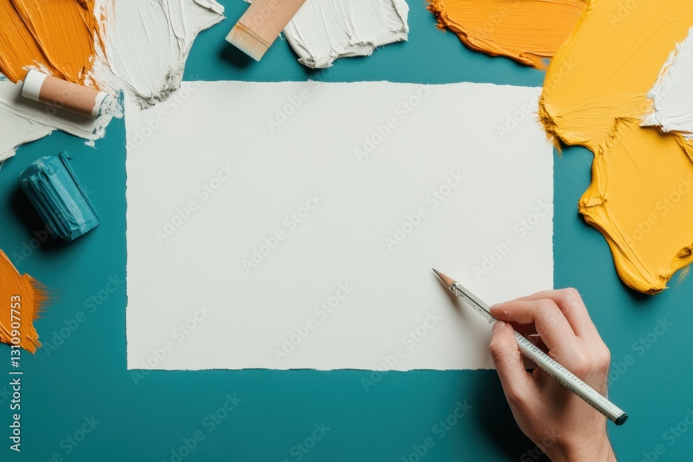 Poster vibrant creative workspace minimalist design mockup with expressive color blocking, innovative ideat