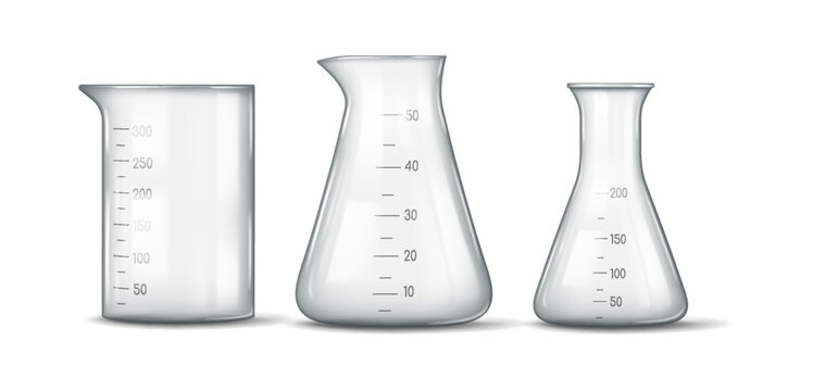 Illustration of three laboratory glassware containers including two flasks and a beaker with measurement markings depicting essential scientific equipment for experiments.