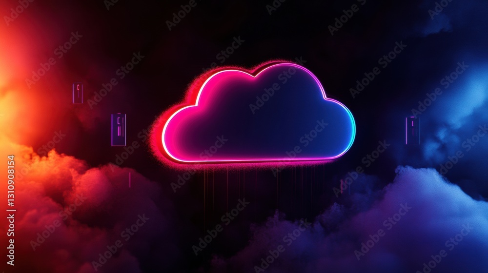 Poster Cyberpunk Cloud Infrastructure Next-Gen Digital Security Visualization with Neon Gradient Aesthetic - Futuristic Data Protection and Quantum Computing Concept