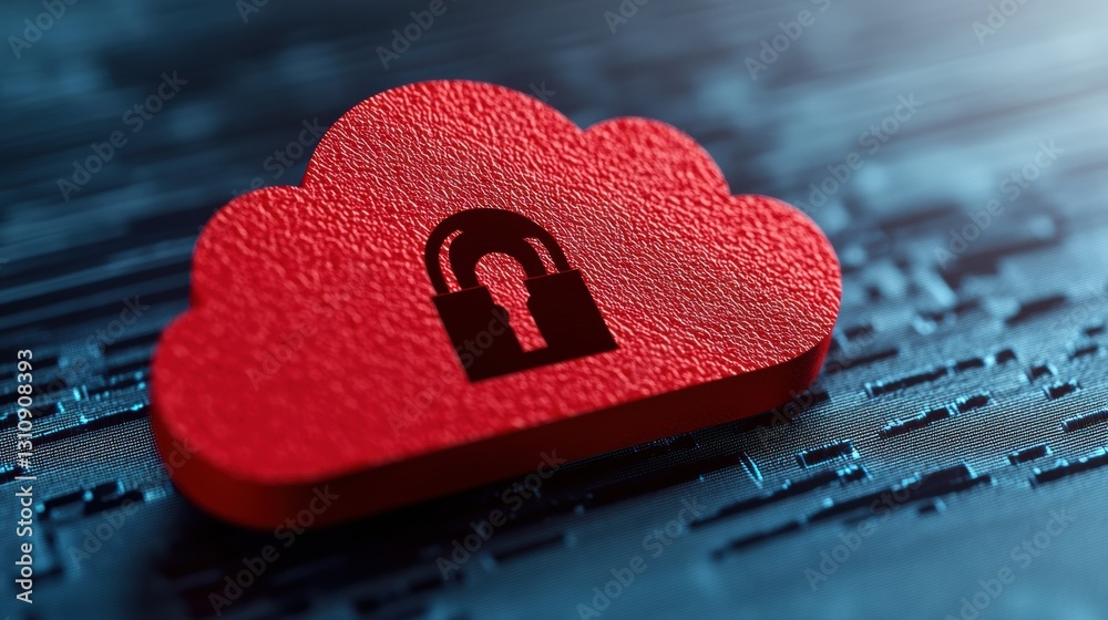 Poster Disruptive Cloud Cybersecurity Glitch Art Immersive Digital Protection Visualization with Textured Red Volumetric Cloud and Fragmented Security Interface