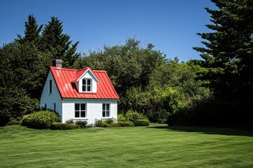 White cottage with red roof, nestled in greenery. Ideal for real estate, home, and nature themes.