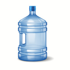 Illustration of a large blue plastic water dispenser bottle with a convenient handle for easy transport. The bottle is empty, showcasing a smooth transparent surface and a screwon cap.