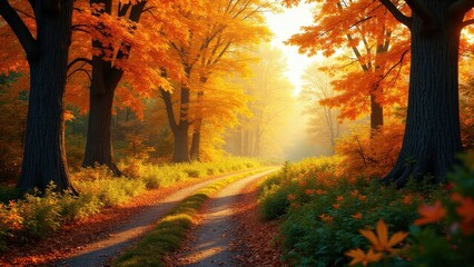 Fototapeta premium A serene autumn path lined with tall trees with vibrant orange leaves, perfect for a trees wallpaper.