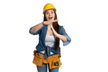 Construction worker woman signaling a break time with enthusiasm