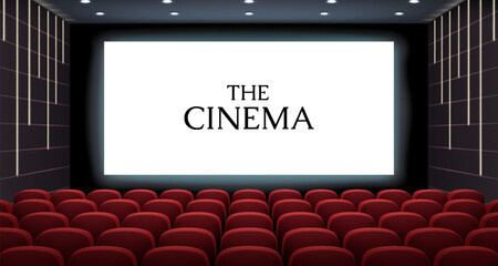 A high-quality 3D vector image of a modern cinema hall featuring a futuristic interior with stylish wall lighting and a glowing widescreen display for a premium experience.