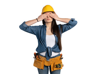 Construction worker woman covering her eyes with hands, avoiding to see